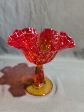 Vintage Fenton Amberina Thumbprint Ruffled Pedestal Dish Glows